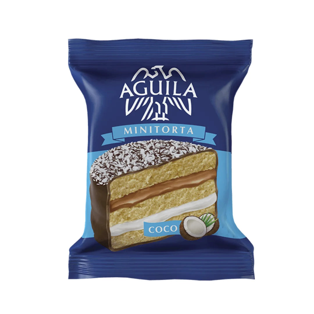 Alfajor Aguila Minitorta Coco 70 gr Pack de 3 unidades. Alfajor de Dulce de Leche cubierto con Chocolate y Coco